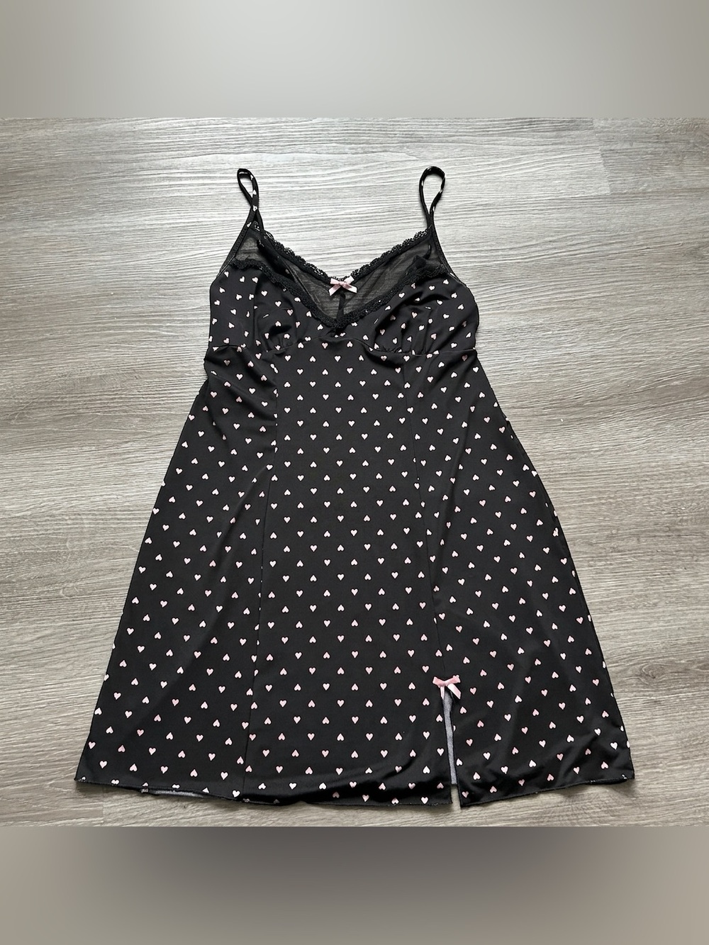 Secret treasures Y2K Black with pink hearts Slip Dress S Nightgown Vintage Sexy